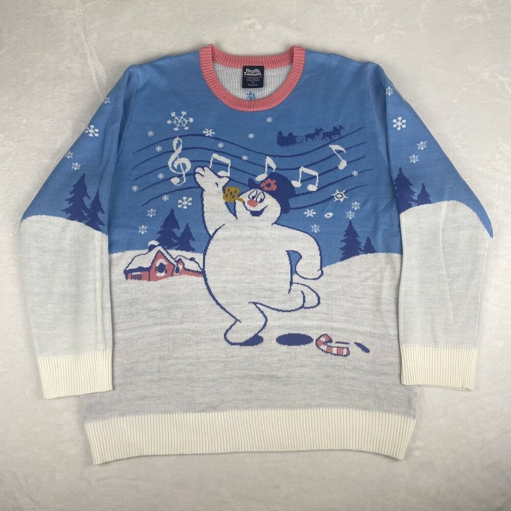Frosty the Snowman Christmas Sweater Womens Extra Large White Blue Pullover
